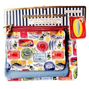 WONDERING MOON 3-Pc Travel Pouch Set + Luggage Tag Sardines Caviar Fish TRAVELER